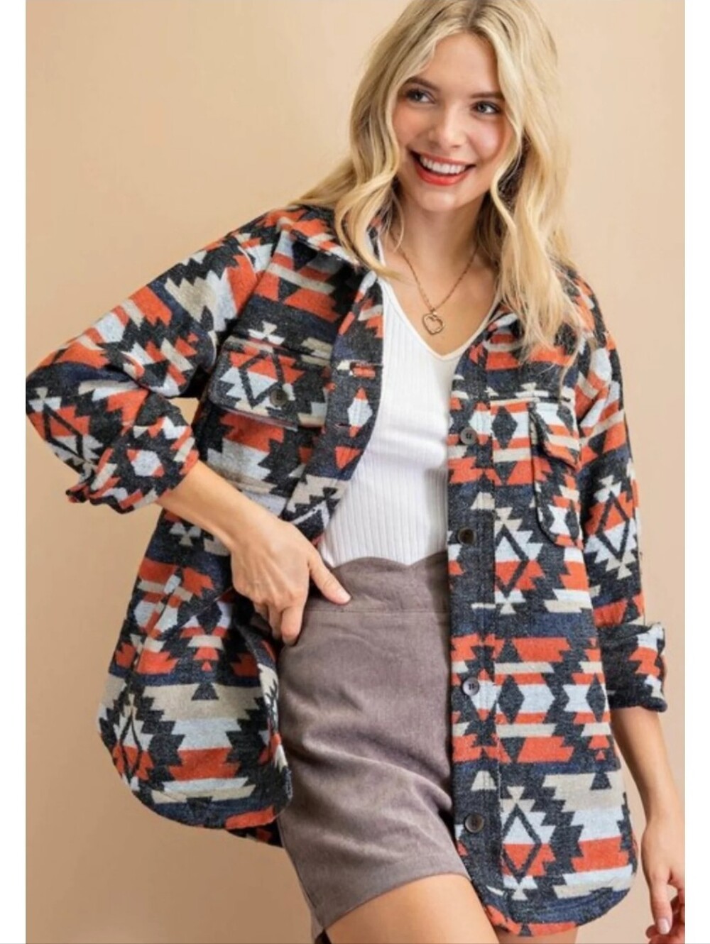 Hapstics Aztec Pattern Oversized Button-Front Shirt Jacket - Orange, Blue Gray